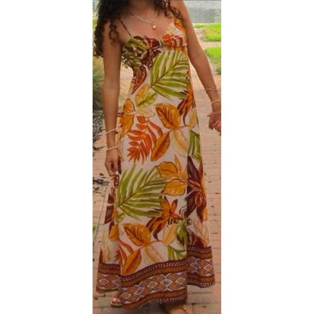 Crystal Sky Tropical Floral Maxi Dress Small Back Cutout Palm Leaf Havana Earthy